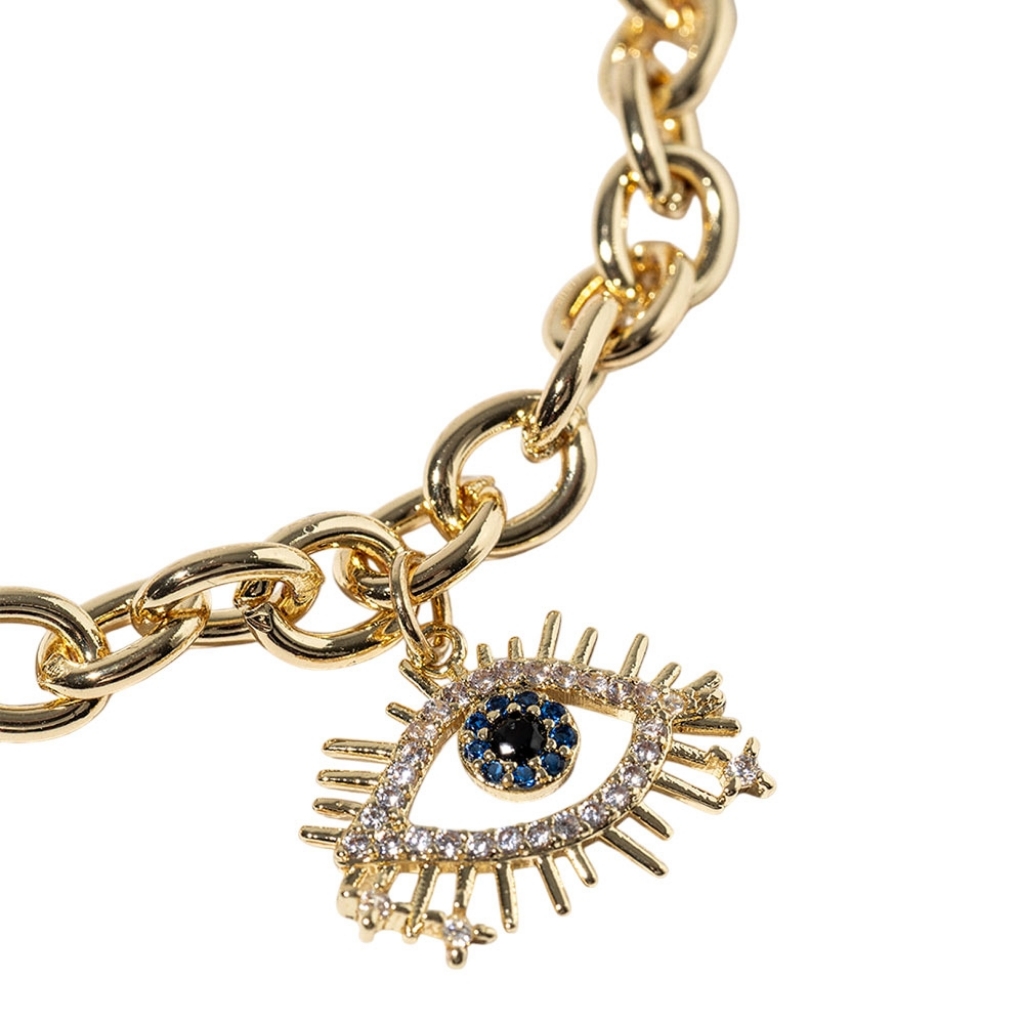 Gold Dipped Cz Stone Evil Eye Charm Chain Link Magnetic Bracelet